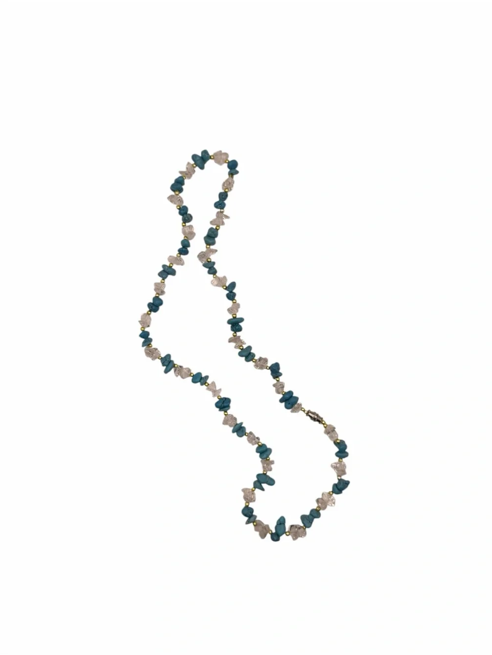 Vintage Turquoise Clear Quartz Stone Chip Beaded Necklace Gold Tone 23” Boho